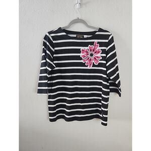 Bob Mackie Wearable Art Black Striped Floral Embroidery 3/4 Sleeve Top Size Med